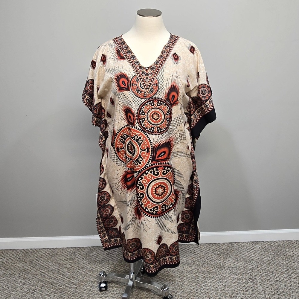 Step In Style Caftan Dress OS Boho Peacock Feather‎ Kaftan Patio Lounge Resort